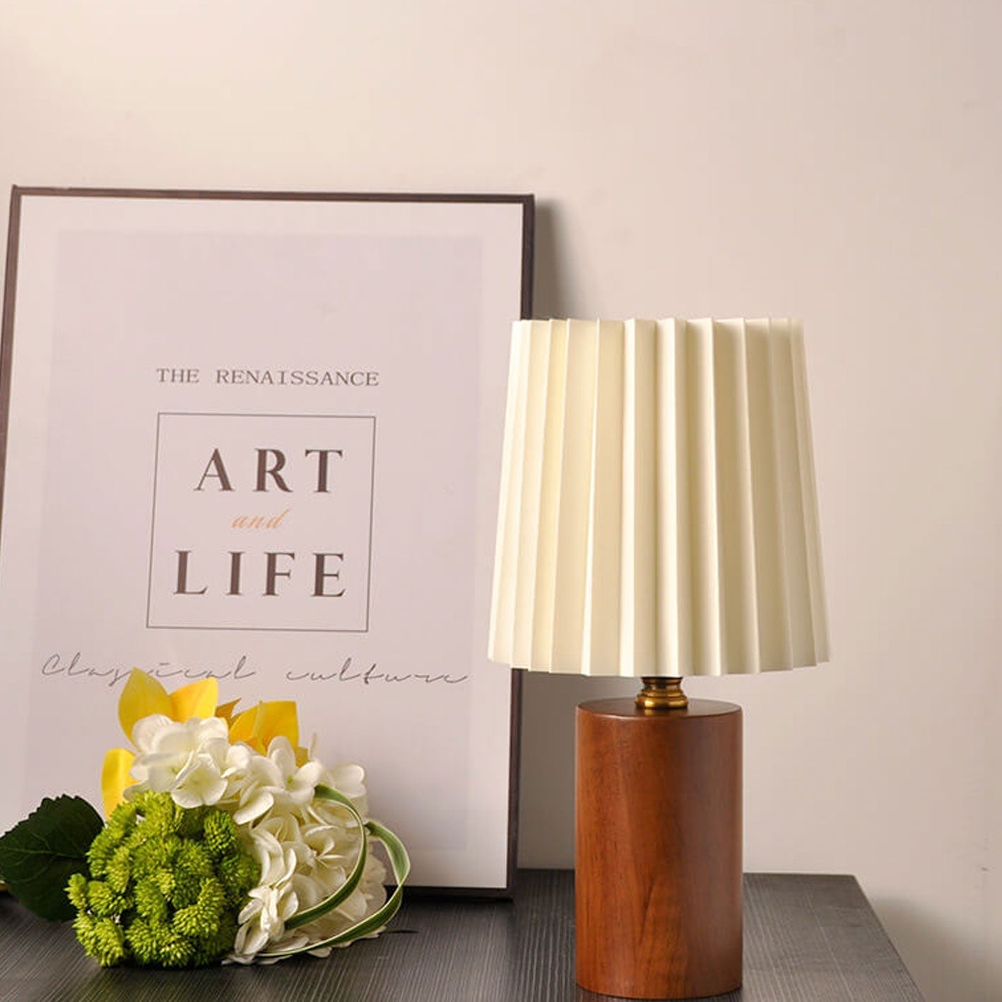 Wood Table Lamp with Pleated Fabric Shade