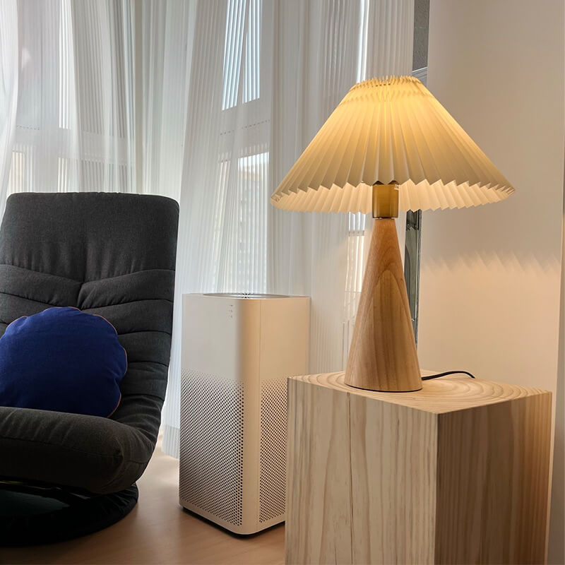 Wooden Table Lamp with Pleated Fabric Shade
