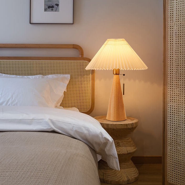 Wooden Table Lamp with Pleated Fabric Shade