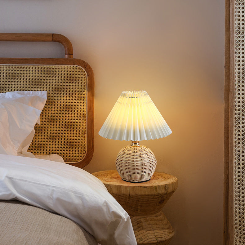 Woven Rattan Table Lamp with Pleated Shade