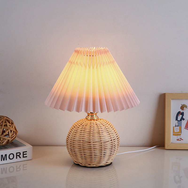 Woven Rattan Table Lamp with Pleated Shade