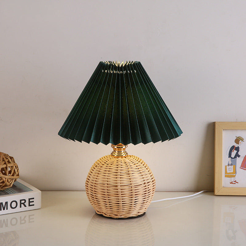 Woven Rattan Table Lamp with Pleated Shade