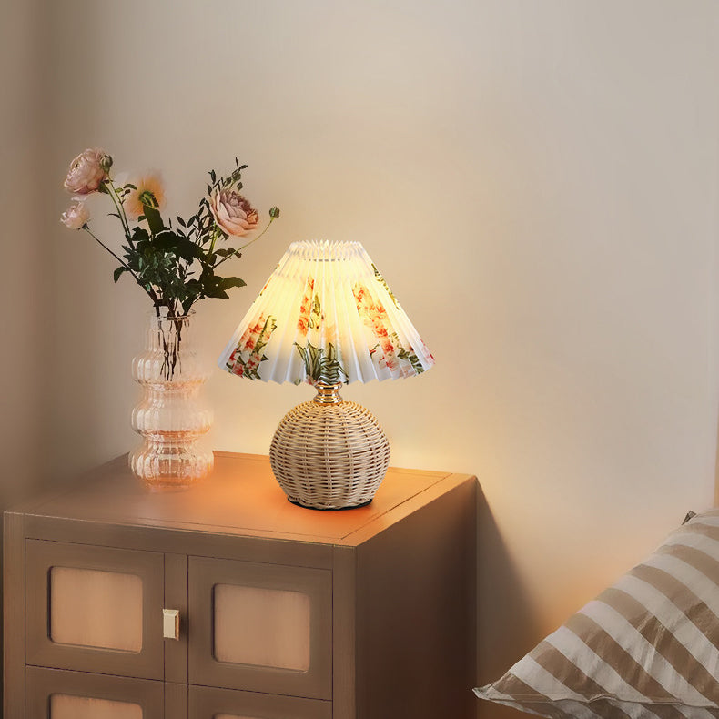Woven Rattan Table Lamp with Pleated Shade