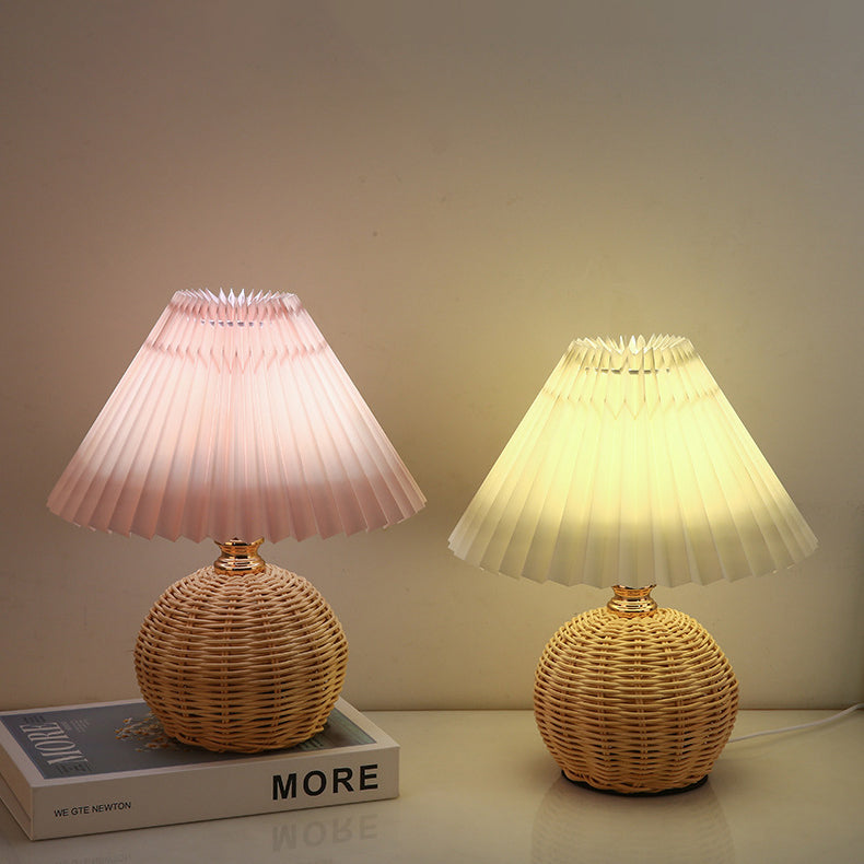Woven Rattan Table Lamp with Pleated Shade