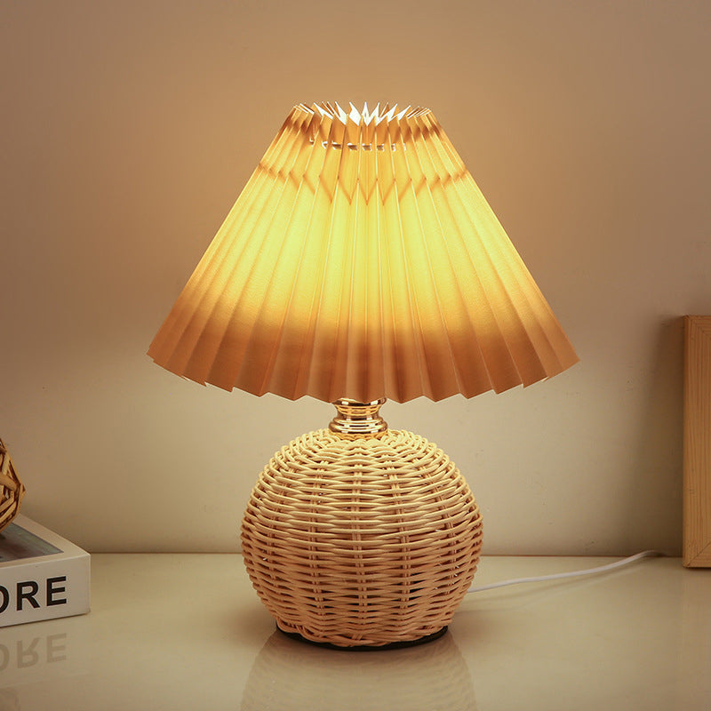 Woven Rattan Table Lamp with Pleated Shade