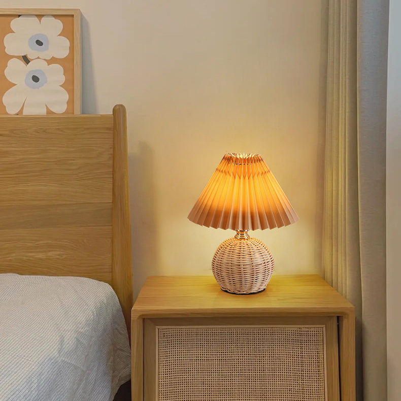 Woven Rattan Table Lamp with Pleated Shade