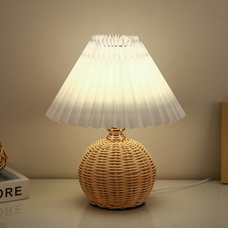 Woven Rattan Table Lamp with Pleated Shade