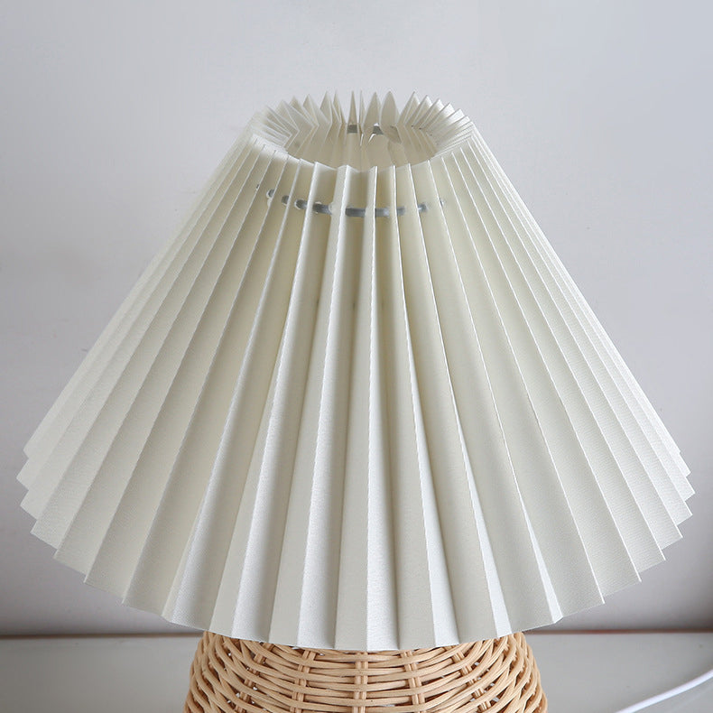 Woven Rattan Table Lamp with Pleated Shade
