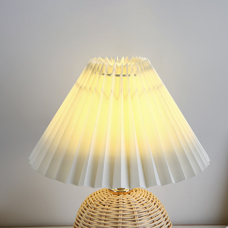Woven Rattan Table Lamp with Pleated Shade