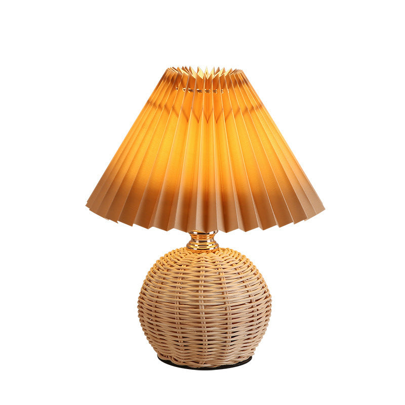 Woven Rattan Table Lamp with Pleated Shade