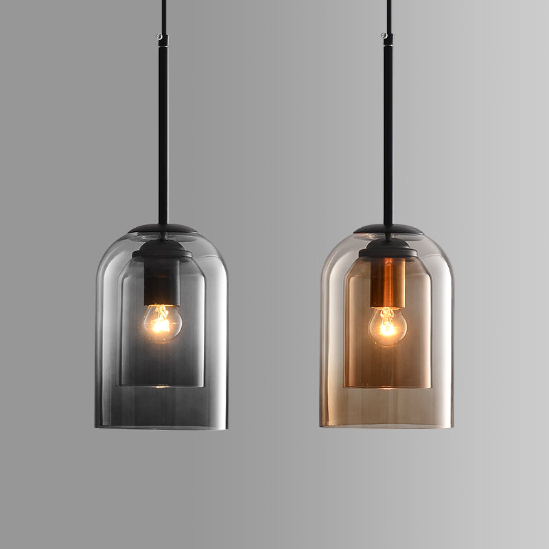 Modern Smoked Glass Pendant with Iron Top