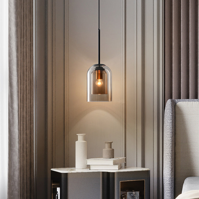 Modern Smoked Glass Pendant with Iron Top