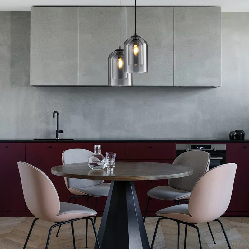 Modern Smoked Glass Pendant with Iron Top